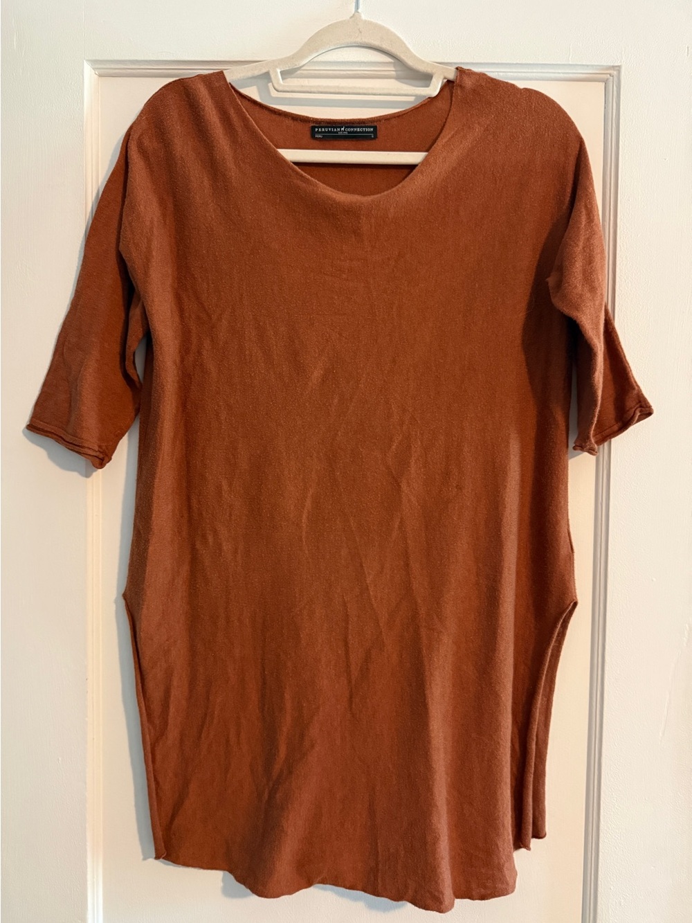 Peruvian Connection Pima Cotton Scoop Neck Tunic Side Slit Top Small Rust Orange